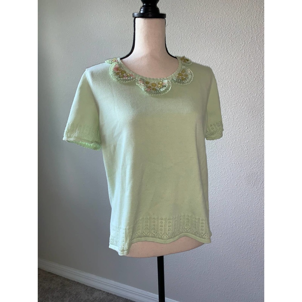 Alfred Dunner Light Green Sweater Embellished Collar  Short Sleeve Sweater- M